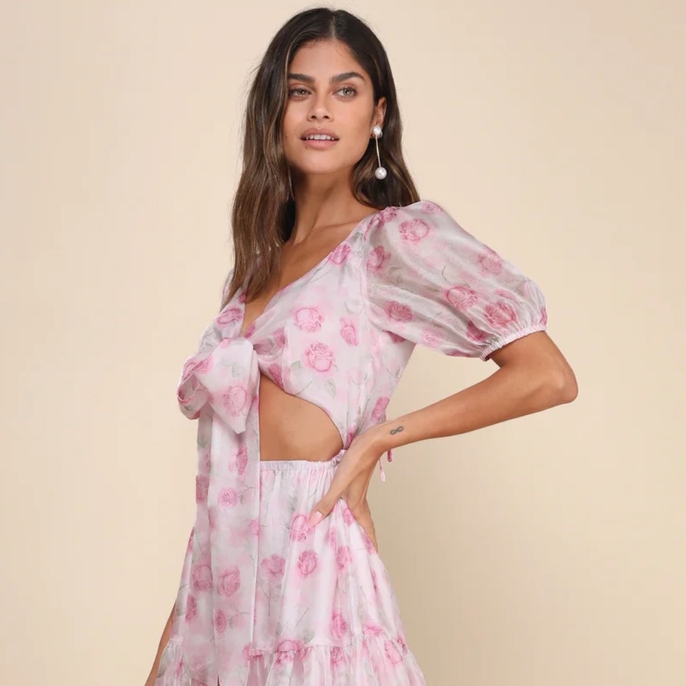 NWT Lulus Ideal Poise Blush Floral Chiffon Backless Tie-Front Midi Dress